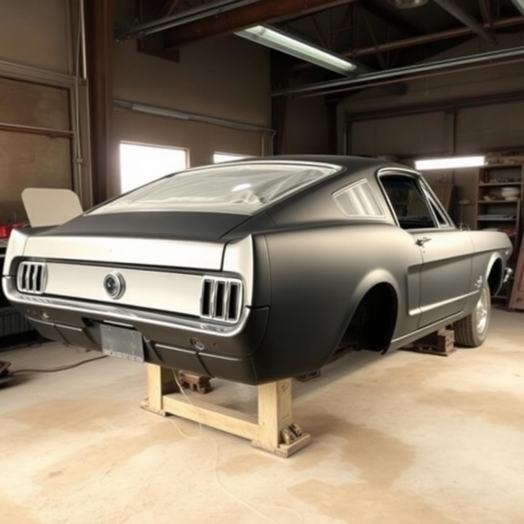 Vintage Mustang fastback in primer ready for paint