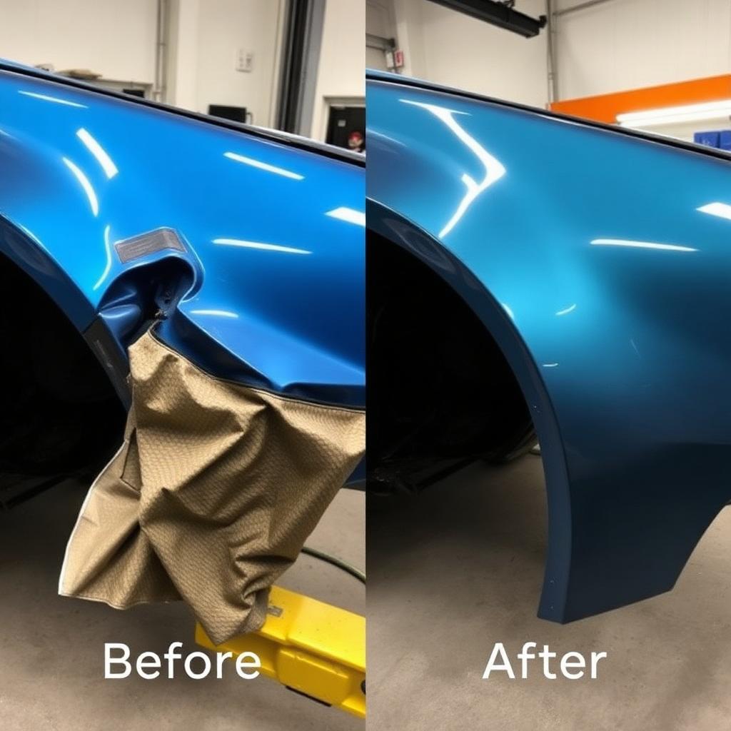 Before and after of a crumpled fender restored to perfect