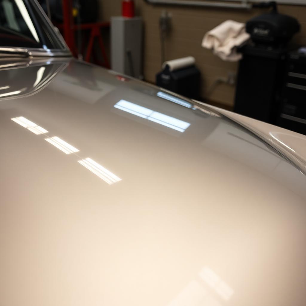 Close-up of mirror-polished hood reflecting shop ceiling
